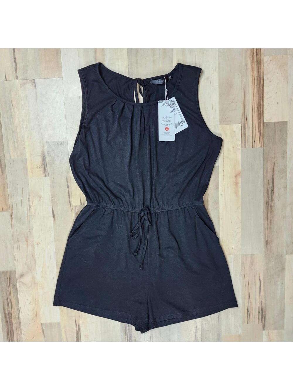 YIBOCK Romper Jumpsuit Drawstring Waist Sleeveless Casual Black XL